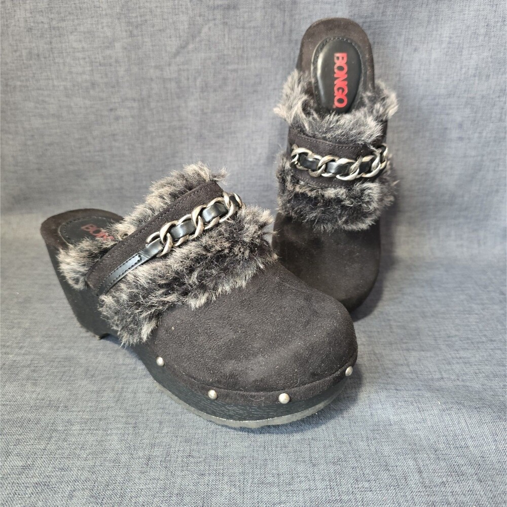 Y2K Studded Bongo Black Fur Trim Platform Clogs Size 6 Womens